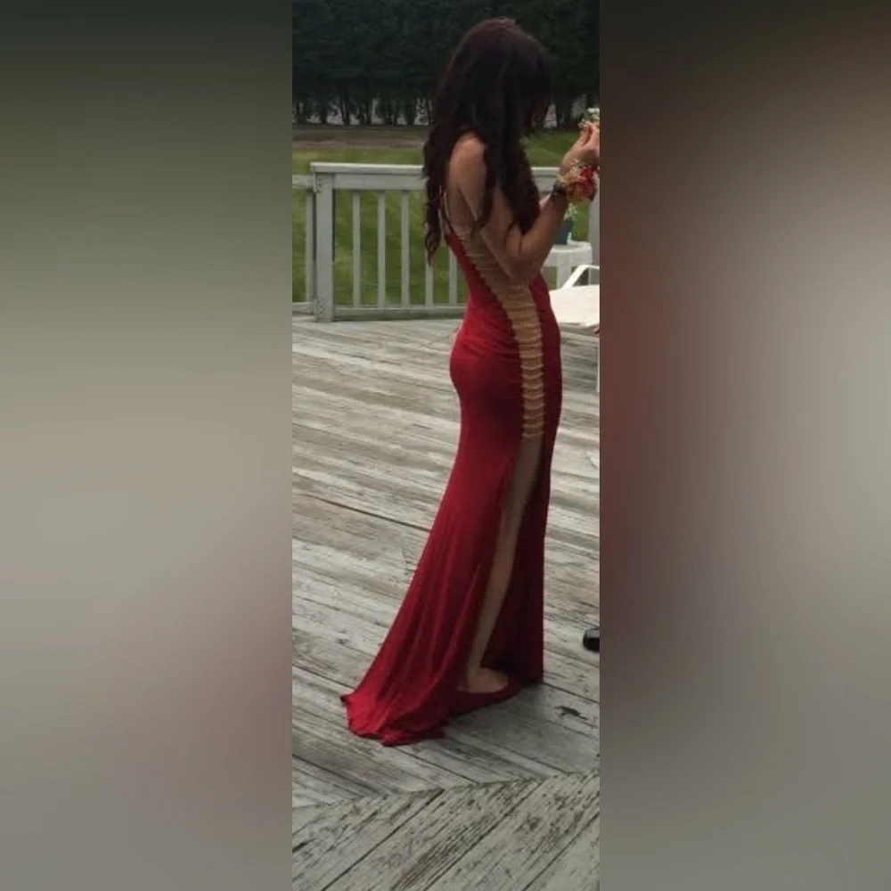 Jovani Red Backless Dress with Nude Accents